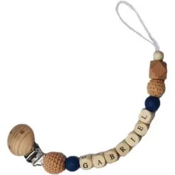 Tata Lucette Attache Sucette En Bois Camel Et Bleu Nuit (personnalisable)